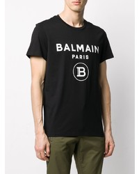 schwarzes und weißes bedrucktes T-Shirt mit einem Rundhalsausschnitt von Balmain