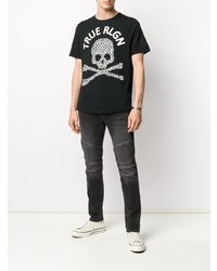 schwarzes und weißes bedrucktes T-Shirt mit einem Rundhalsausschnitt von True Religion