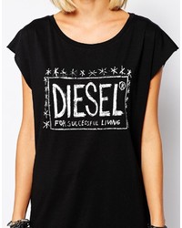 schwarzes und weißes bedrucktes T-Shirt mit einem Rundhalsausschnitt von Diesel