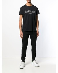 schwarzes und weißes bedrucktes T-Shirt mit einem Rundhalsausschnitt von Balmain