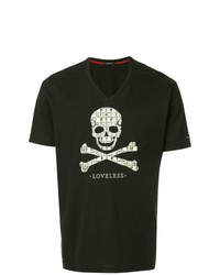 schwarzes und weißes bedrucktes T-Shirt mit einem Rundhalsausschnitt von Loveless