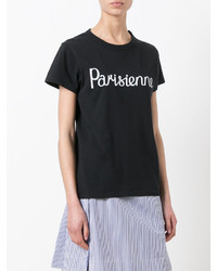 schwarzes und weißes bedrucktes T-Shirt mit einem Rundhalsausschnitt von MAISON KITSUNE