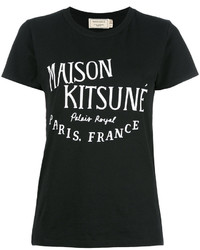 schwarzes und weißes bedrucktes T-Shirt mit einem Rundhalsausschnitt von MAISON KITSUNE