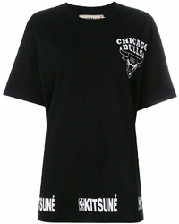 schwarzes und weißes bedrucktes T-Shirt mit einem Rundhalsausschnitt von MAISON KITSUNE