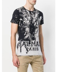 schwarzes und weißes bedrucktes T-Shirt mit einem Rundhalsausschnitt von Balmain