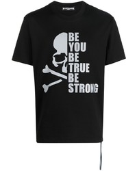 schwarzes und weißes bedrucktes T-Shirt mit einem Rundhalsausschnitt von Mastermind World