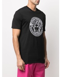 schwarzes und weißes bedrucktes T-Shirt mit einem Rundhalsausschnitt von Versace