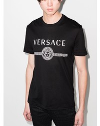 schwarzes und weißes bedrucktes T-Shirt mit einem Rundhalsausschnitt von Versace