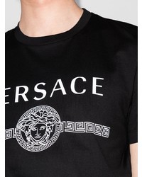 schwarzes und weißes bedrucktes T-Shirt mit einem Rundhalsausschnitt von Versace