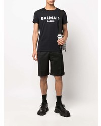 schwarzes und weißes bedrucktes T-Shirt mit einem Rundhalsausschnitt von Balmain