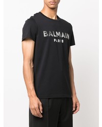 schwarzes und weißes bedrucktes T-Shirt mit einem Rundhalsausschnitt von Balmain