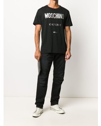 schwarzes und weißes bedrucktes T-Shirt mit einem Rundhalsausschnitt von Moschino