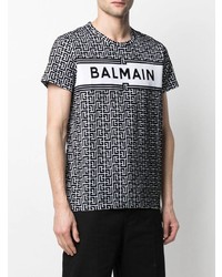 schwarzes und weißes bedrucktes T-Shirt mit einem Rundhalsausschnitt von Balmain