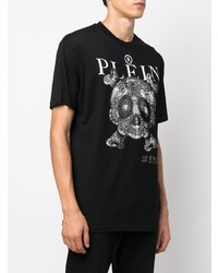 schwarzes und weißes bedrucktes T-Shirt mit einem Rundhalsausschnitt von Philipp Plein