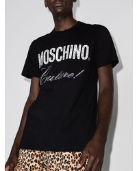 schwarzes und weißes bedrucktes T-Shirt mit einem Rundhalsausschnitt von Moschino