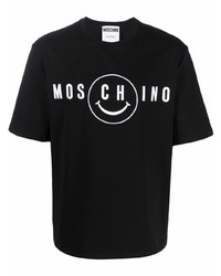 schwarzes und weißes bedrucktes T-Shirt mit einem Rundhalsausschnitt von Moschino