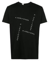 schwarzes und weißes bedrucktes T-Shirt mit einem Rundhalsausschnitt von N. Hoolywood