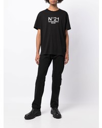 schwarzes und weißes bedrucktes T-Shirt mit einem Rundhalsausschnitt von N°21