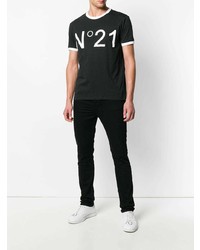 schwarzes und weißes bedrucktes T-Shirt mit einem Rundhalsausschnitt von N°21