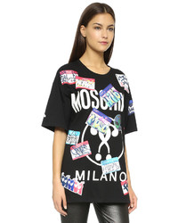 schwarzes und weißes bedrucktes T-Shirt mit einem Rundhalsausschnitt von Moschino