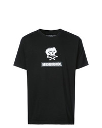 schwarzes und weißes bedrucktes T-Shirt mit einem Rundhalsausschnitt von Neighborhood
