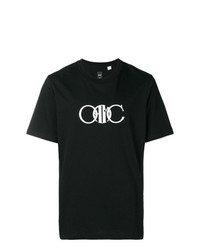 schwarzes und weißes bedrucktes T-Shirt mit einem Rundhalsausschnitt von Oamc