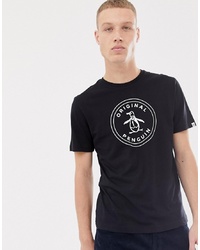 schwarzes und weißes bedrucktes T-Shirt mit einem Rundhalsausschnitt von Original Penguin