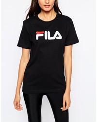 schwarzes und weißes bedrucktes T-Shirt mit einem Rundhalsausschnitt von Fila