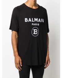 schwarzes und weißes bedrucktes T-Shirt mit einem Rundhalsausschnitt von Balmain