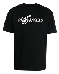 schwarzes und weißes bedrucktes T-Shirt mit einem Rundhalsausschnitt von Palm Angels