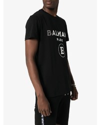 schwarzes und weißes bedrucktes T-Shirt mit einem Rundhalsausschnitt von Balmain