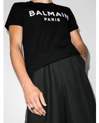 schwarzes und weißes bedrucktes T-Shirt mit einem Rundhalsausschnitt von Balmain