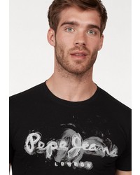 schwarzes und weißes bedrucktes T-Shirt mit einem Rundhalsausschnitt von Pepe Jeans