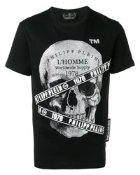 schwarzes und weißes bedrucktes T-Shirt mit einem Rundhalsausschnitt von Philipp Plein