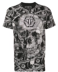 schwarzes und weißes bedrucktes T-Shirt mit einem Rundhalsausschnitt von Philipp Plein