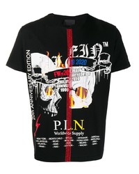 schwarzes und weißes bedrucktes T-Shirt mit einem Rundhalsausschnitt von Philipp Plein