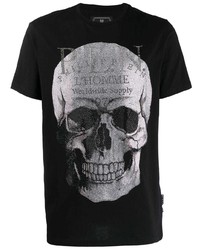 schwarzes und weißes bedrucktes T-Shirt mit einem Rundhalsausschnitt von Philipp Plein