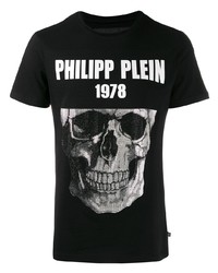 schwarzes und weißes bedrucktes T-Shirt mit einem Rundhalsausschnitt von Philipp Plein