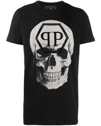 schwarzes und weißes bedrucktes T-Shirt mit einem Rundhalsausschnitt von Philipp Plein