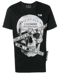 schwarzes und weißes bedrucktes T-Shirt mit einem Rundhalsausschnitt von Philipp Plein