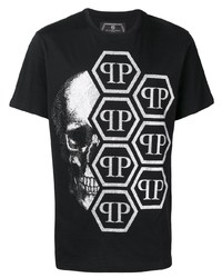 schwarzes und weißes bedrucktes T-Shirt mit einem Rundhalsausschnitt von Philipp Plein