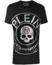 schwarzes und weißes bedrucktes T-Shirt mit einem Rundhalsausschnitt von Philipp Plein