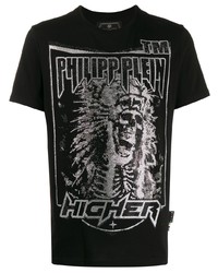 schwarzes und weißes bedrucktes T-Shirt mit einem Rundhalsausschnitt von Philipp Plein