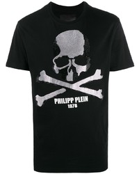 schwarzes und weißes bedrucktes T-Shirt mit einem Rundhalsausschnitt von Philipp Plein