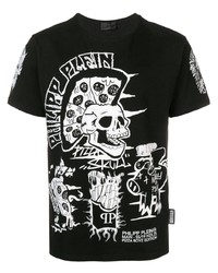 schwarzes und weißes bedrucktes T-Shirt mit einem Rundhalsausschnitt von Philipp Plein