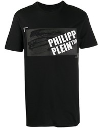 schwarzes und weißes bedrucktes T-Shirt mit einem Rundhalsausschnitt von Philipp Plein