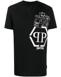 schwarzes und weißes bedrucktes T-Shirt mit einem Rundhalsausschnitt von Philipp Plein