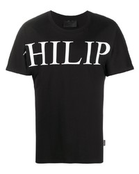 schwarzes und weißes bedrucktes T-Shirt mit einem Rundhalsausschnitt von Philipp Plein