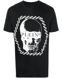 schwarzes und weißes bedrucktes T-Shirt mit einem Rundhalsausschnitt von Philipp Plein