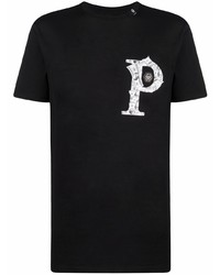 schwarzes und weißes bedrucktes T-Shirt mit einem Rundhalsausschnitt von Philipp Plein